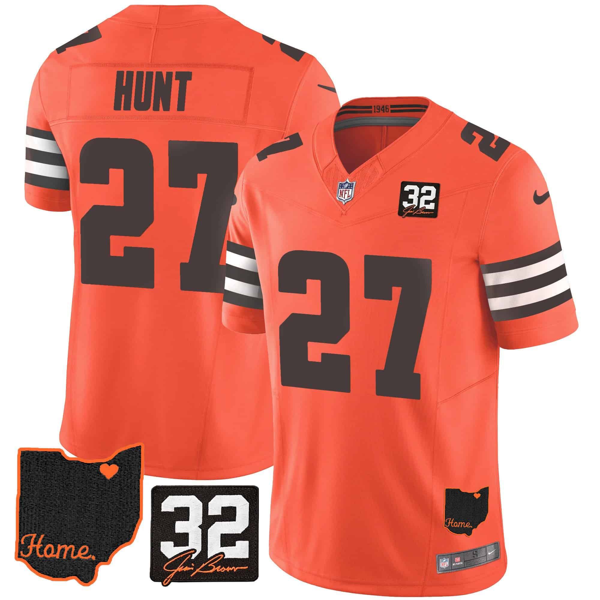 Men Cleveland Browns 27 Hunt Orange Memorial Home Patch 2024 Nike NFL Jersey